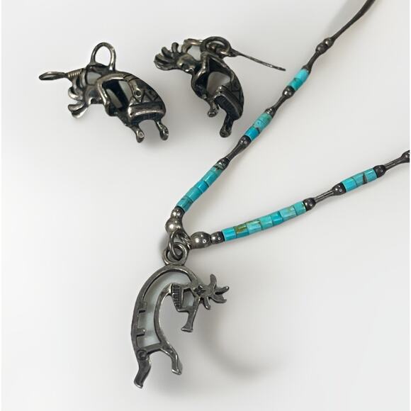 VTG Native American Turquoise & Sterling Silver Kokopelli Necklace Earring Set - Picture 5 of 15